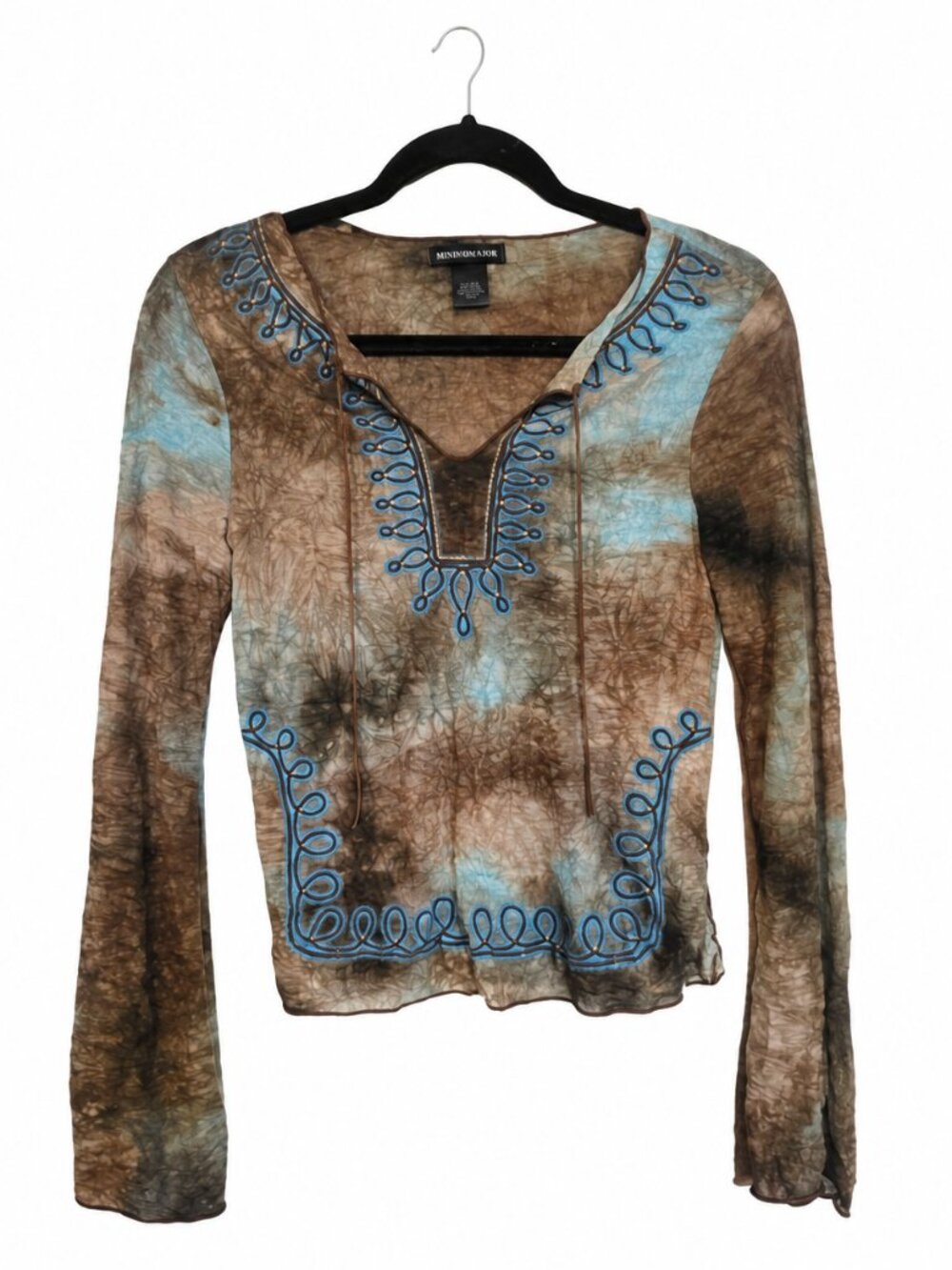 Misdemeanor Brown Blue Embroidered Long Sleeve Boho Top - M